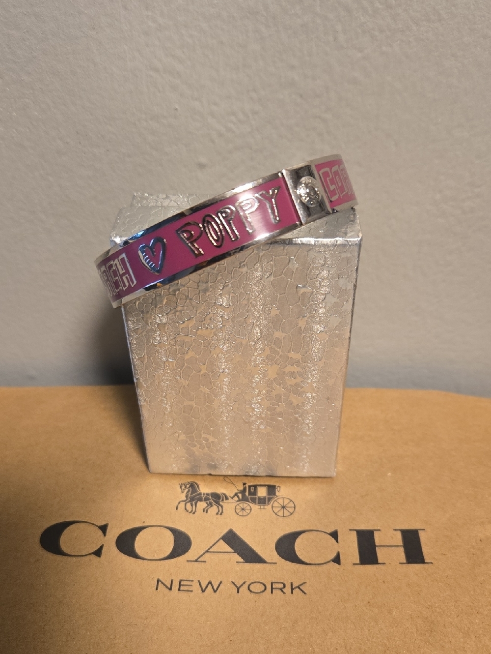 Coach Poppy Pink Enamel Hinged Bangle Bracelet with Silver-Tone Hardware
